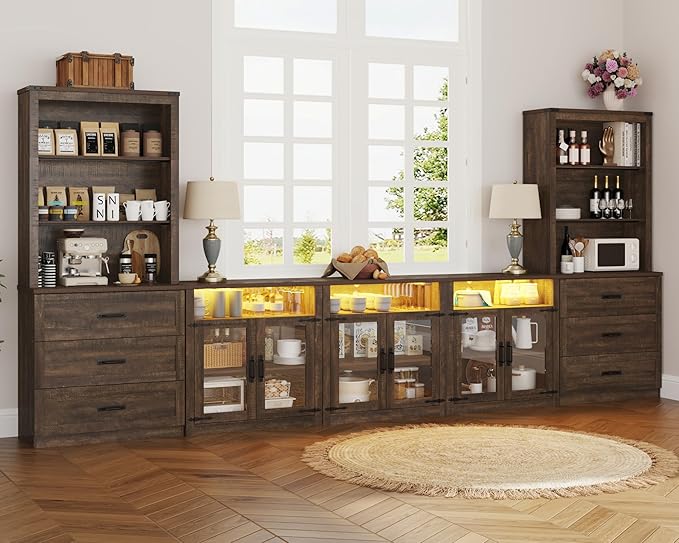 157" W 4-Piece Entertainment Center with Bookshelves for TVs up to 100", Farmhouse Wall Unit TV Stand with Doors & Drawer, Media Console Table for Living Room, Bedroom, Brown