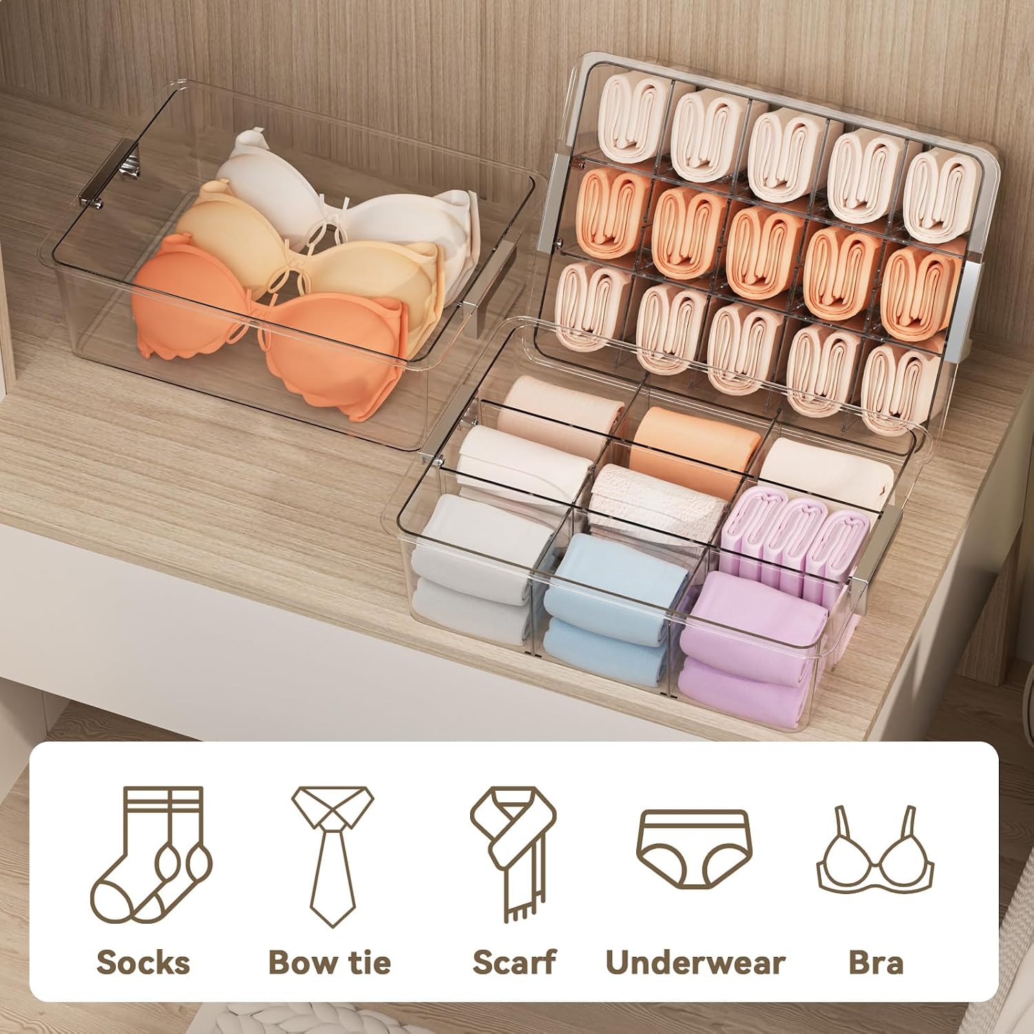 Socks Bra Underwear Drawer Organizer for Closet, 2 PCS Plastic Storage Box with 9 Removable Compartments and Lid, Clear Dresser Drawer Organizer Storage Container with Dividers for Sock Ties Belts