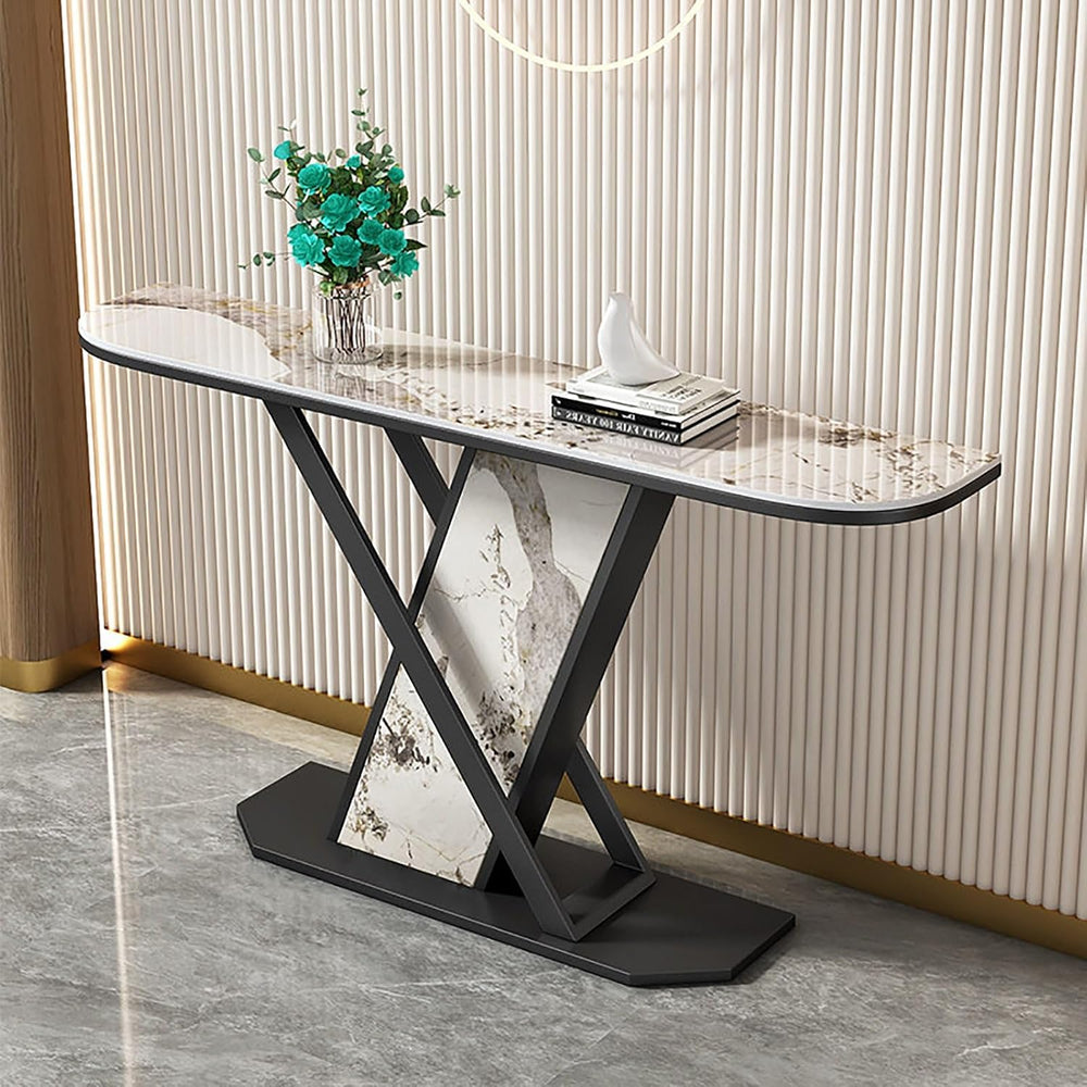 Modern Console Table Rock Panel with Metal Frame Long Accent Foyer Table for ...