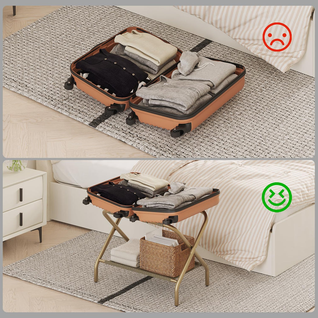 Smart FENDEE Luggage Rack for Guest Room, Folding Suitcase Stand with Shoe Shelf, Easy Assembly, Portable, Hold up to 110 lb, Gold, 1 Pack