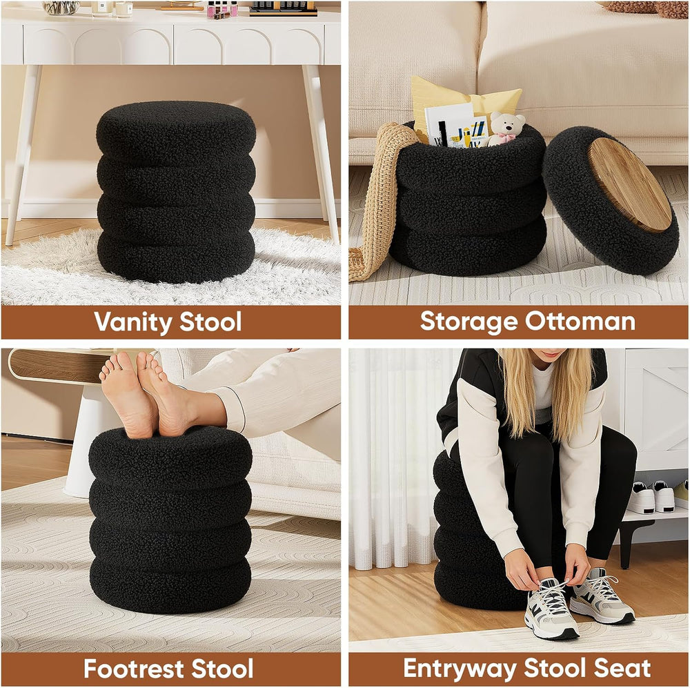 Soft Teddy Round Ottoman with Tray, 17.5 Inches Ottoman Coffee Table with Sto...
