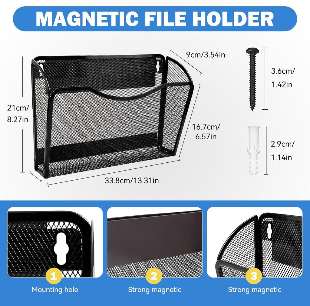 2-Pack Magnetic File Holder-File Folder Organizer, No Drilling Paper Document Holder, Large Capacity Office Hanging Magazine Rack for Refrigerator, File Cabinets, Whiteboard, Office