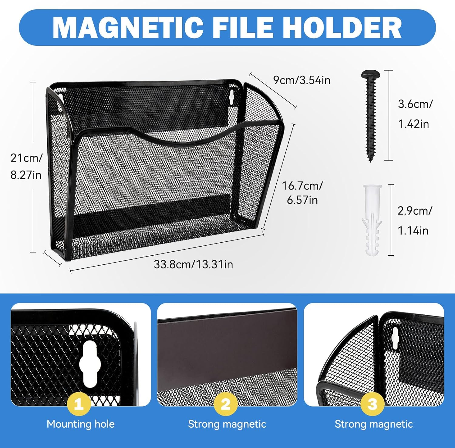 2-Pack Magnetic File Holder-File Folder Organizer, No Drilling Paper Document Holder, Large Capacity Office Hanging Magazine Rack for Refrigerator, File Cabinets, Whiteboard, Office