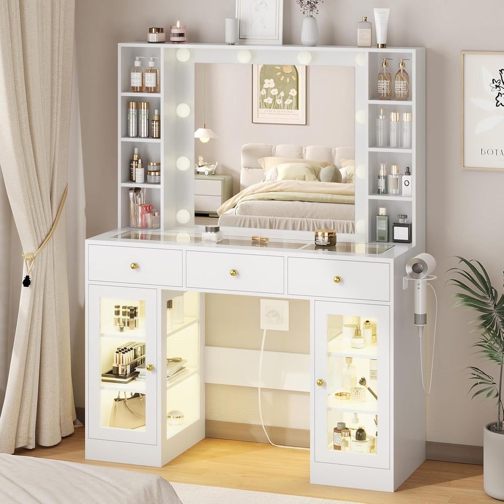 HUANLEGO White Vanity Desk with Mirror and Lights, Glass Top Vanity with Ligh...