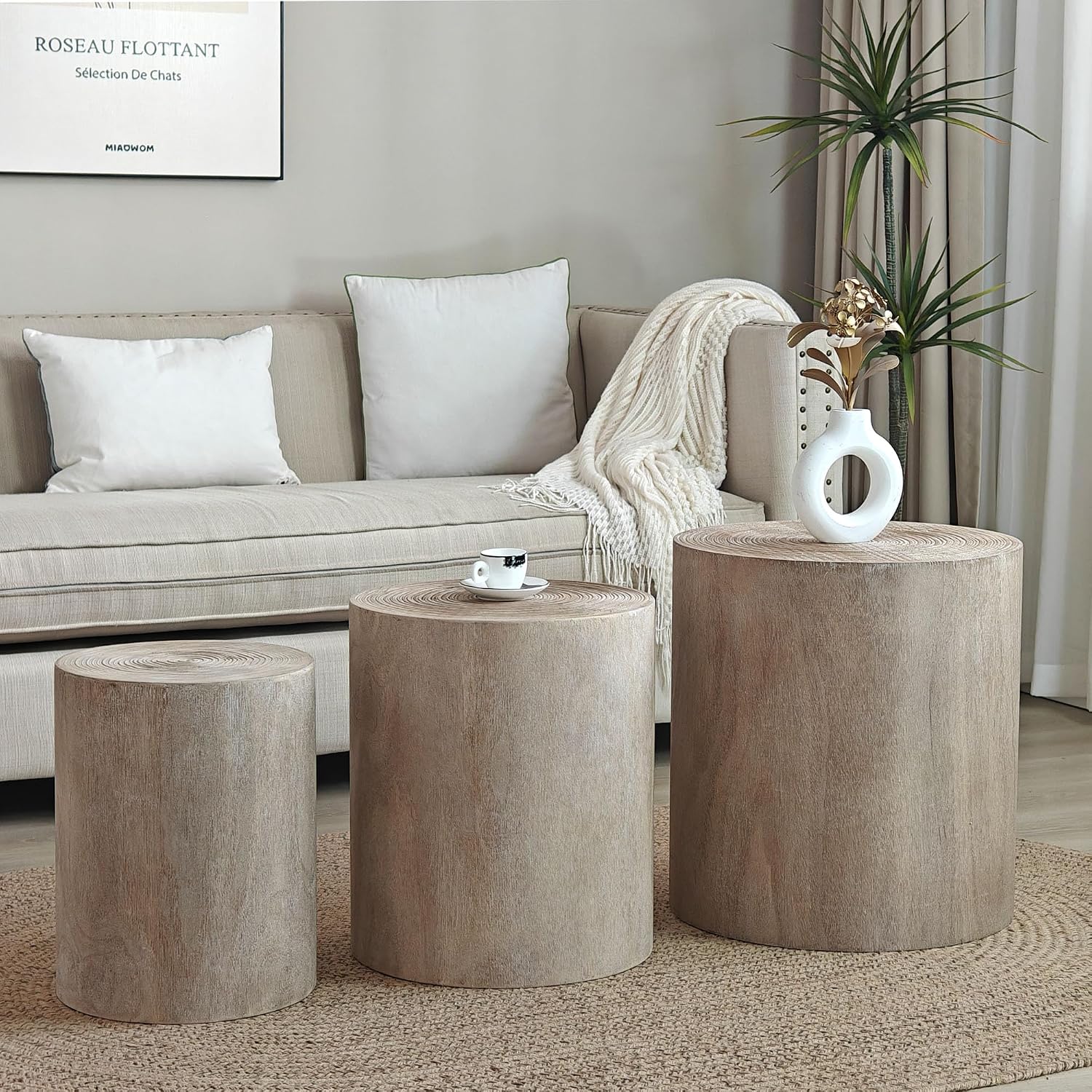 Round Nesting Small Coffee Table Side Table End Set of 3 for Living Room Bedroom, Farmhouse Countryside Style, No Assembly, Natural Wood