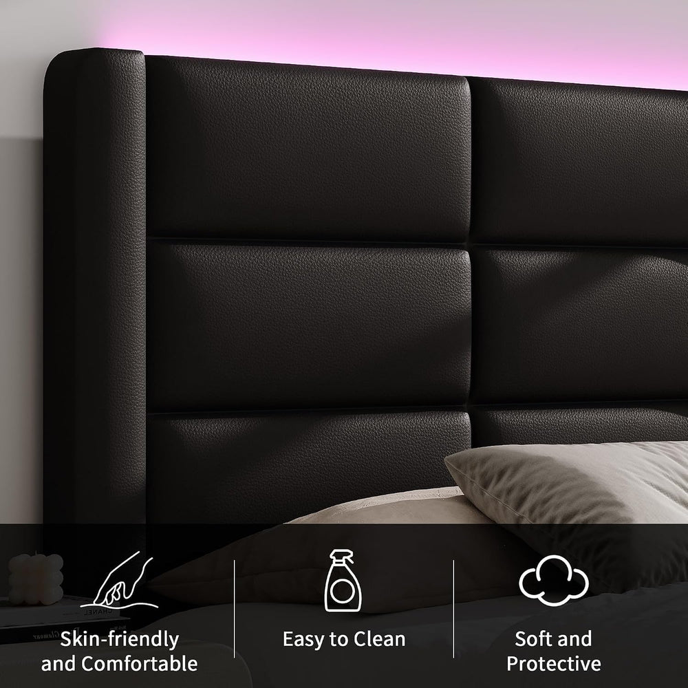 Full Size Upholstered Bed Frame with LED Lights Headboard, Modern Faux Leathe...