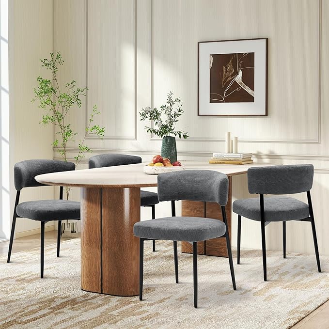 Sweetcrispy Dining Chairs Set of 4, Boucle Fabric Modern Mid Century Round Kitchen Chairs with Curved Backrest & Metal Legs for Vanity, Living Room - Modern Grey