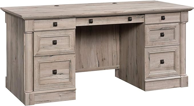 Sauder Palladia Office Desk with Drawers, Executive Desk with File Cabinet Storage, Cable Management, Keyboard Tray, in Split Oak Finish