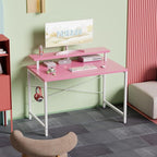 Pamray 32 Inch Small Computer Desk with Monitor Stand, Simple Office Desk with Headphone Hook for Small Spaces, Kids Study Writing Table for Bedroom, Pink
