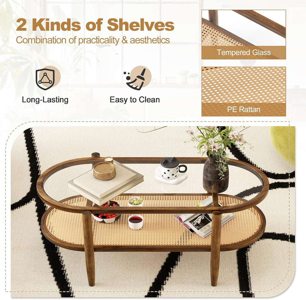 GIANTEX Rattan Coffee Table, 2-Tier Oval Acacia Wood Tea Table w/Tempered Gla...
