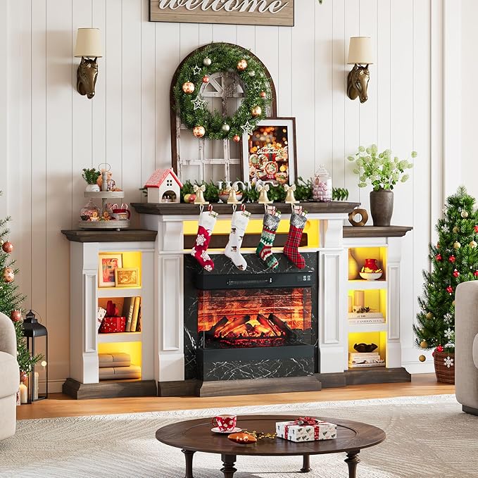 Naice 72" Electric Fireplace with Mantel and Cabinets, Fireplace TV Stand for TVs up to 80", LED Light & Power Outlet, 3-Side Glass Realistic Flame Insert Heater for Living Room Bedroom