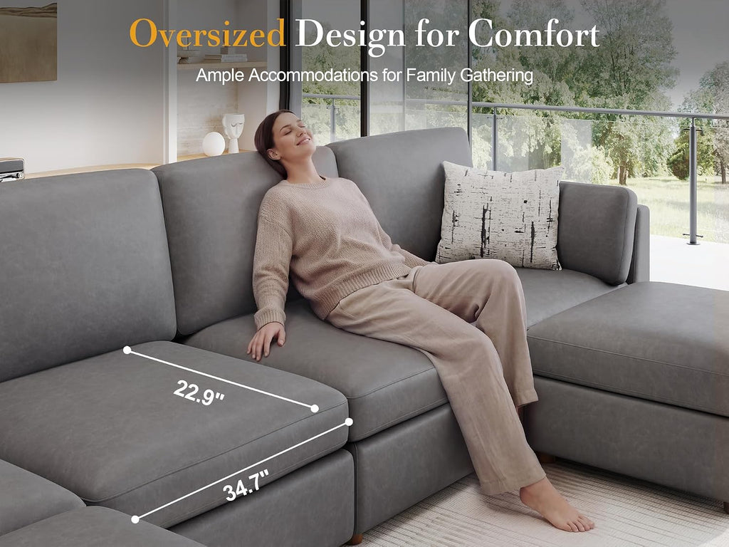 Faux Leather Modular Sectional Sofa Wide U Shaped Couches Grey | Oversized Couches for Living Room, Extra Large 6 Seater Comfy Luxury Deep Seat Couch