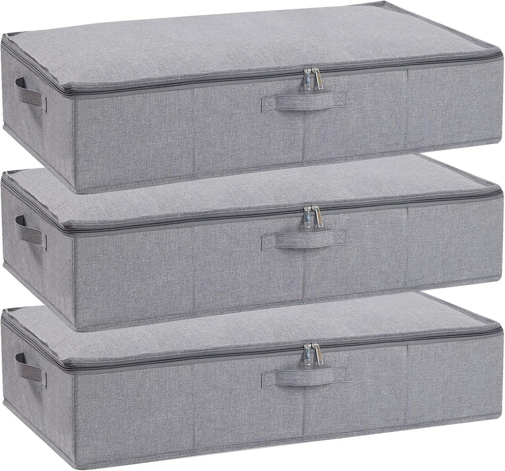 Underbed Storage Organizers, 23.6 x 11.8 x 5.9 Inch Fabric Container Bags with Lids, Storage Boxes for Blanket, Pillows, Shoes, Grey, 3 Pack