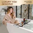 BVL Bathtub Tray Stainless Steel with Marble Base Matte Black Bathtub Tray with White Marble Base Adjustable & Rustproof Bath Caddy for Spa, Relaxation, Bath Bombs