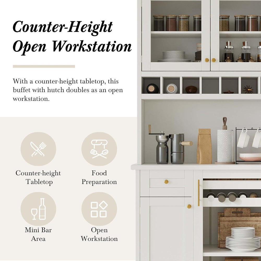 35” Wide Kitchen Hutch with Countertop, Farmhouse Pantry Cabinet with Microwa...
