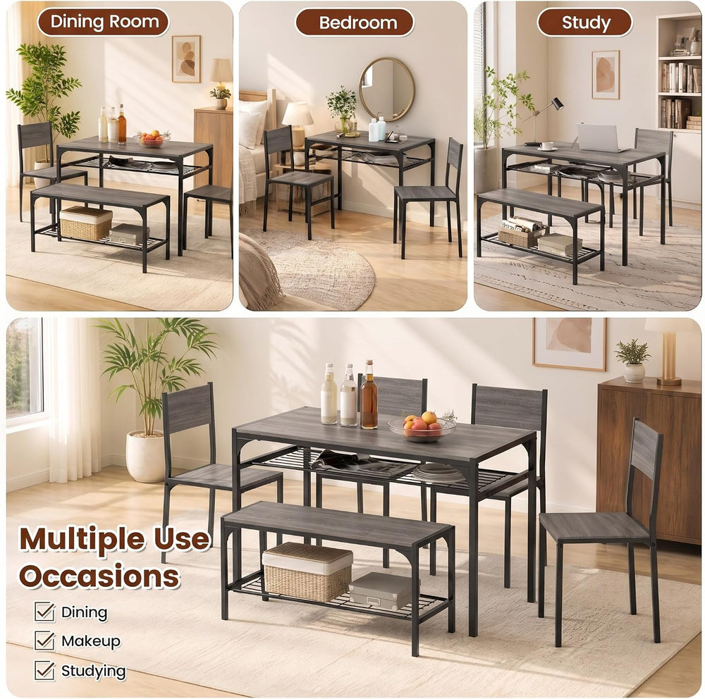COSTWAY Dining Table Set for 4 with Bench & 2 Chairs, Storage Racks, Grey