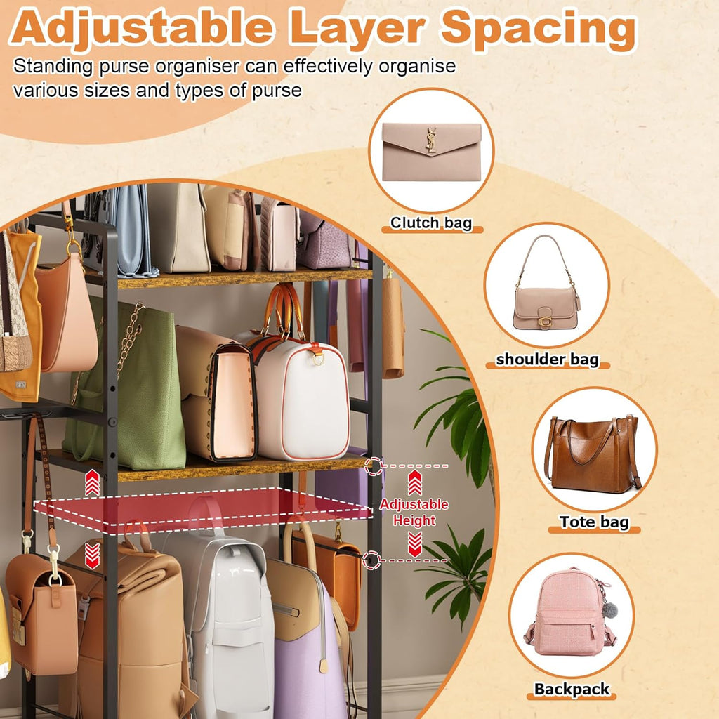 Purse Storage Organizer for Women, 3-Tier Max Purse Storage Stand Rack Holder & Bag Shelf for Closet,12 Fixed Hooks& 3 Side Hooks,Keeping Purses Visible,Purse Display & Bag Organizer for Various Bags
