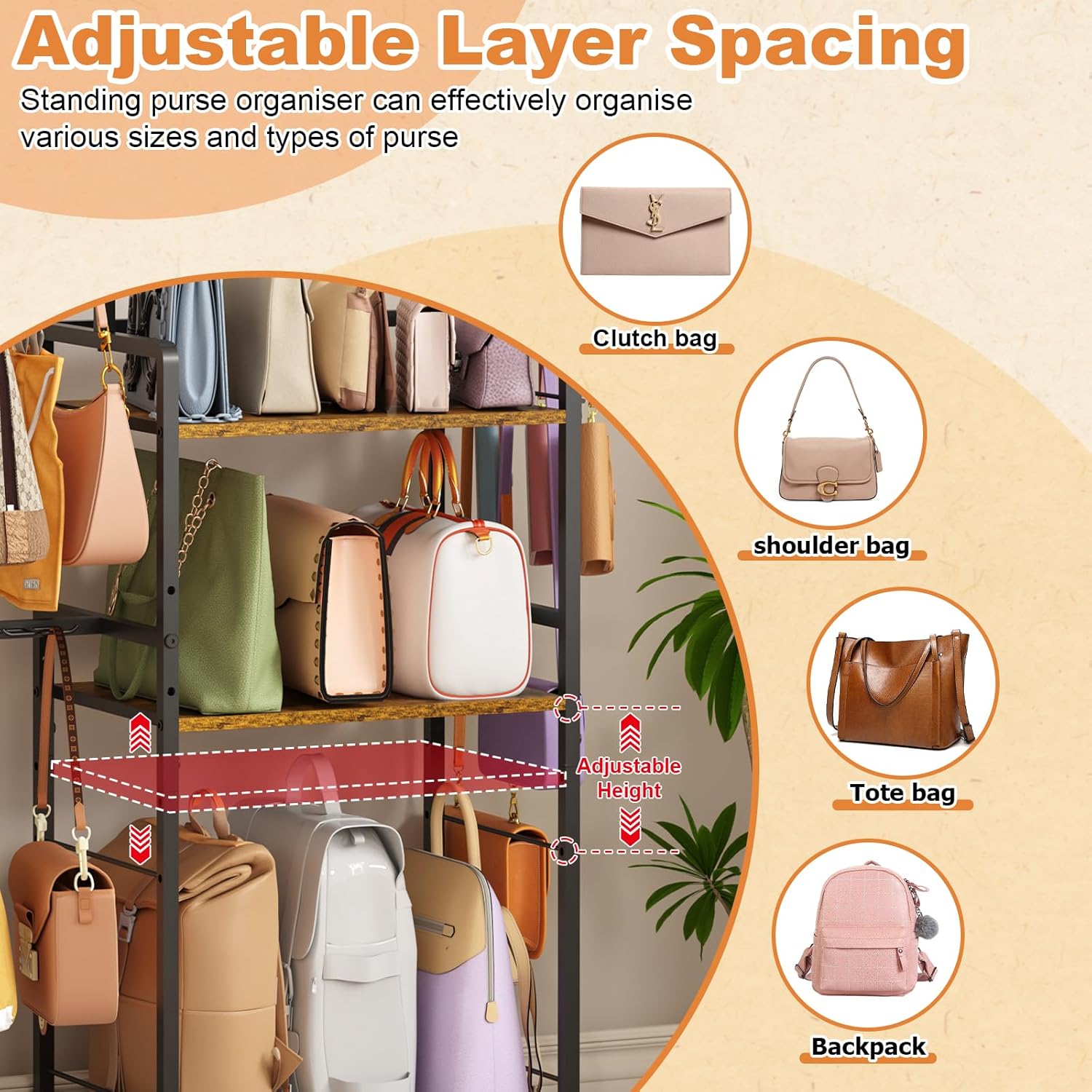 Purse Storage Organizer for Women, 3-Tier Max Purse Storage Stand Rack Holder & Bag Shelf for Closet,12 Fixed Hooks& 3 Side Hooks,Keeping Purses Visible,Purse Display & Bag Organizer for Various Bags