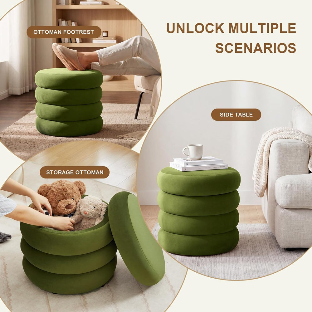Velvet Storage Ottoman Set of 2, Compact Round Tufted Pair with Removable Lid...