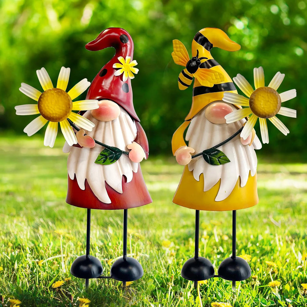HONGLAND Gnomes Decorations for Yard - Metal Gnome Outdoor Decor Bee Ladybug ...