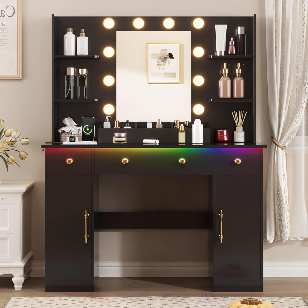HUANLEGO Vanity Desk with Mirror and Lights, Makeup Vanity with Mirror and LE...