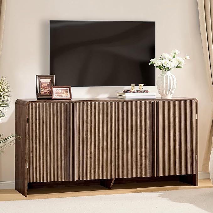 AMERLIFE 63" Fluted TV Stand Media Console Cabinet with Storage, Modern Credenza Entertainment Center with 4 Doors & Adjustable Shelves, Wood Coffee Bar for Living Room, Hallway, Brown