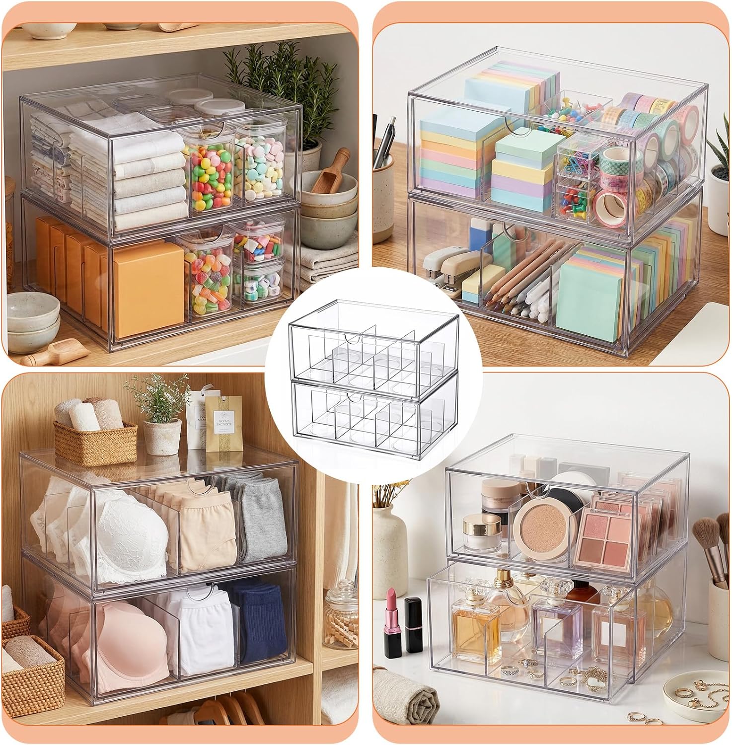 2 Pack Acrylic Tea Bag Organizer, 9 Grids Clear Tea Bag Holder, Stackable Teabag Holder Organizer, Clear Acrylic Teabag Drawer Holders for Countertop, Cabinet, Kitchen, Counter