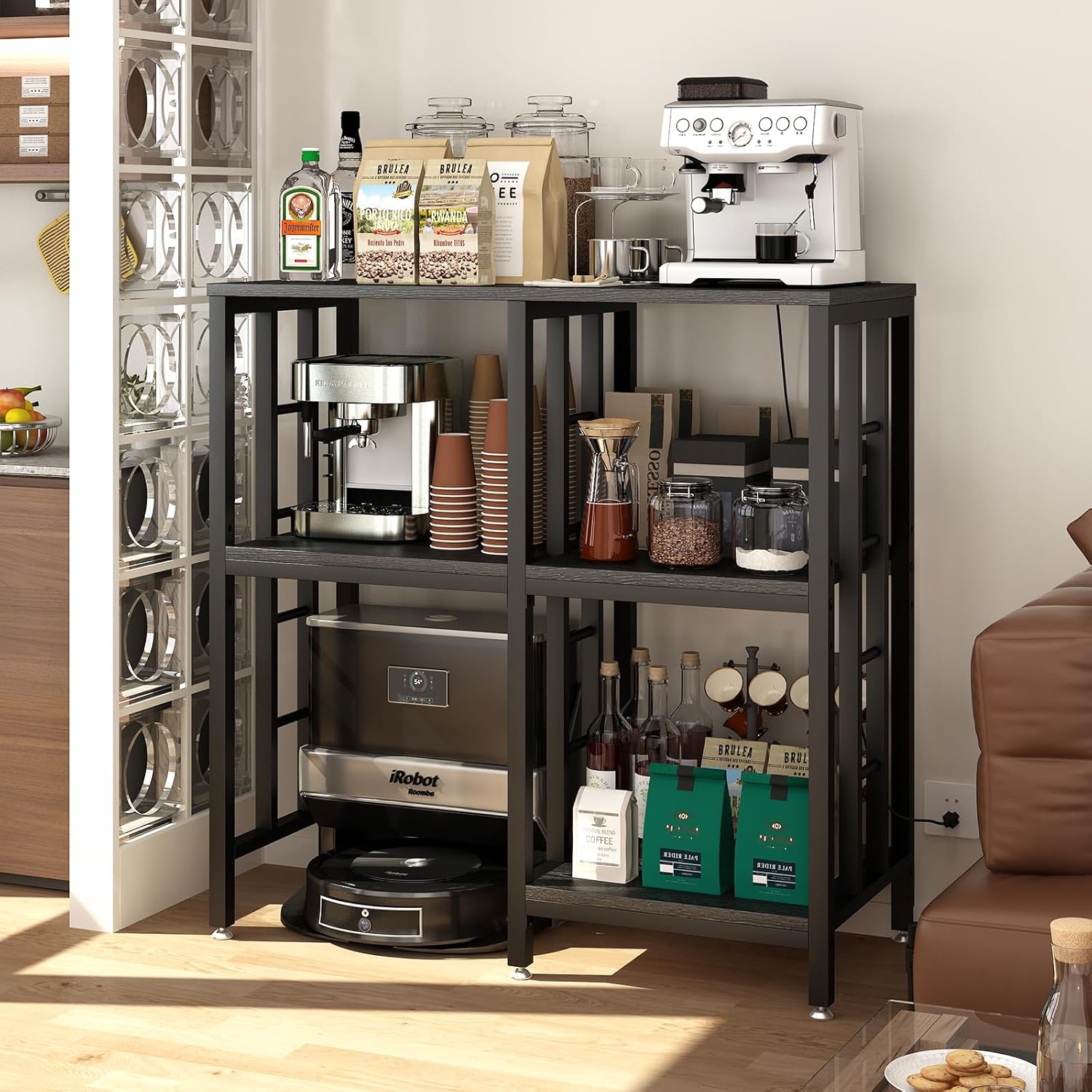 METYERRY Adjustable Kitchen Bakers Rack with Power Outlet,4-Tier Microwave Stand Kitchen Cart,Mini Fridge Stand with Storage,Bar Cabinet,Suitable for Office,Coffee Bar,Living Room,Patio, Black