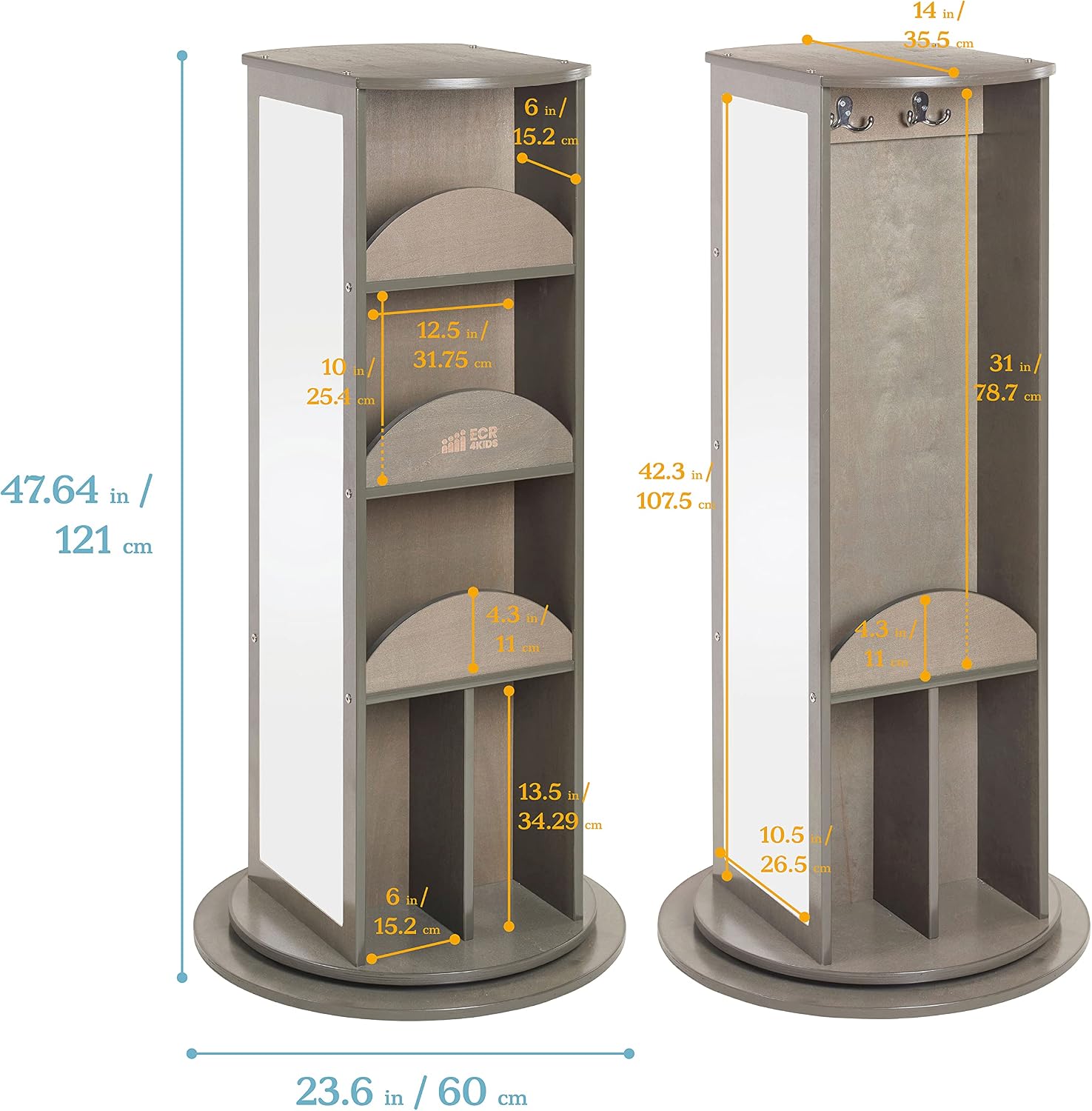 ECR4Kids Rotating Dress-Up Carousel Costume Organizer, Montessori Furniture, Grey Wash