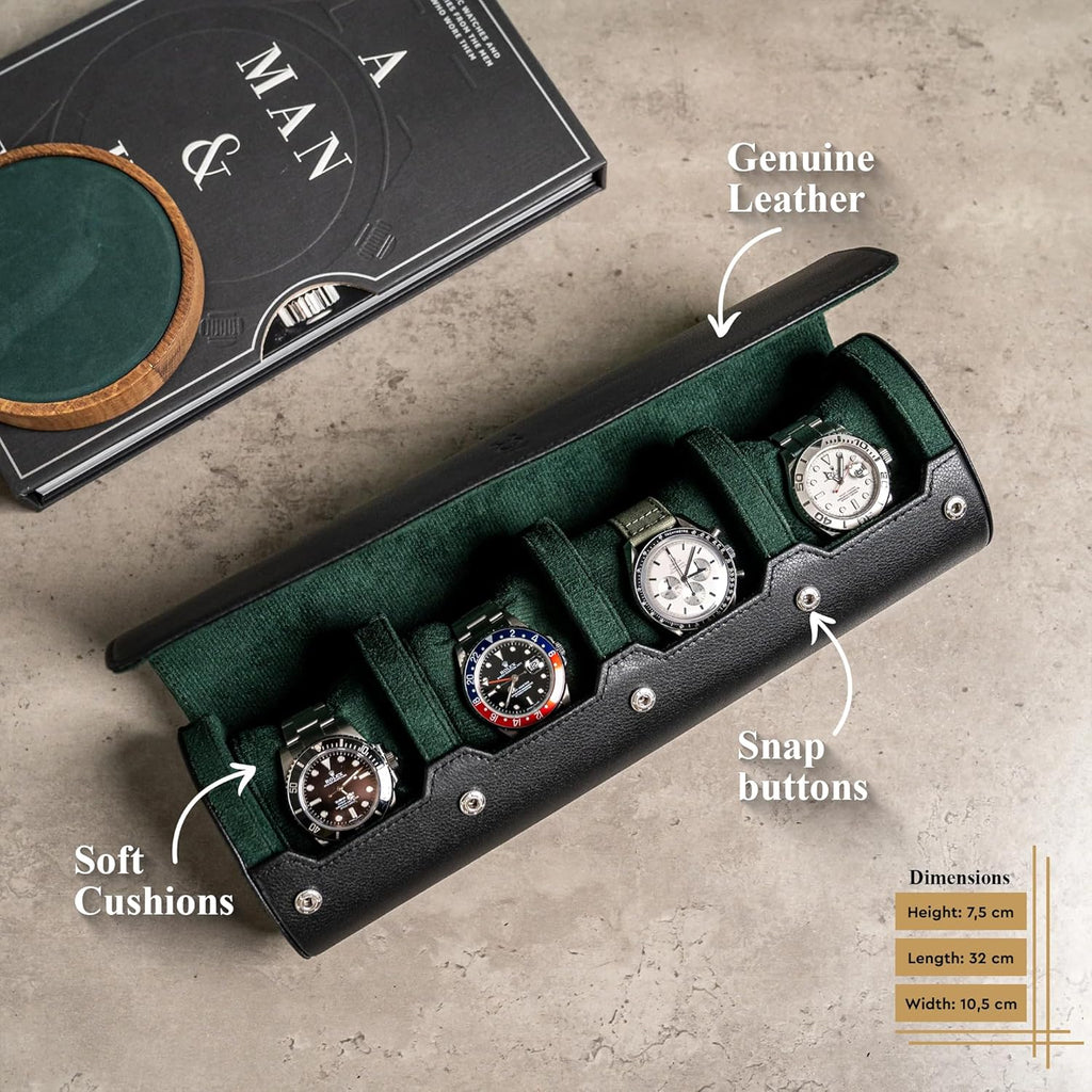 DailyWatch | Watch Roll Travel Case For 4 Watch | Luxury Watch Case In Genuine Black Leather With Soft Velvet Interior | Watch Case Protect, Store, & Display Your Watches | Black Green