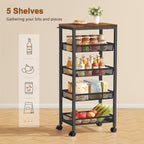 Hoctieon Rolling Storage Cart, 5-Tier 11.8" Wide Panel Kitchen Storage Cart, Utility Carts with Handle & Wheels, Mobile Shelving Unit, Metal Frame Narrow Carts for Home Kitchen, Laundry, Rustic Brown