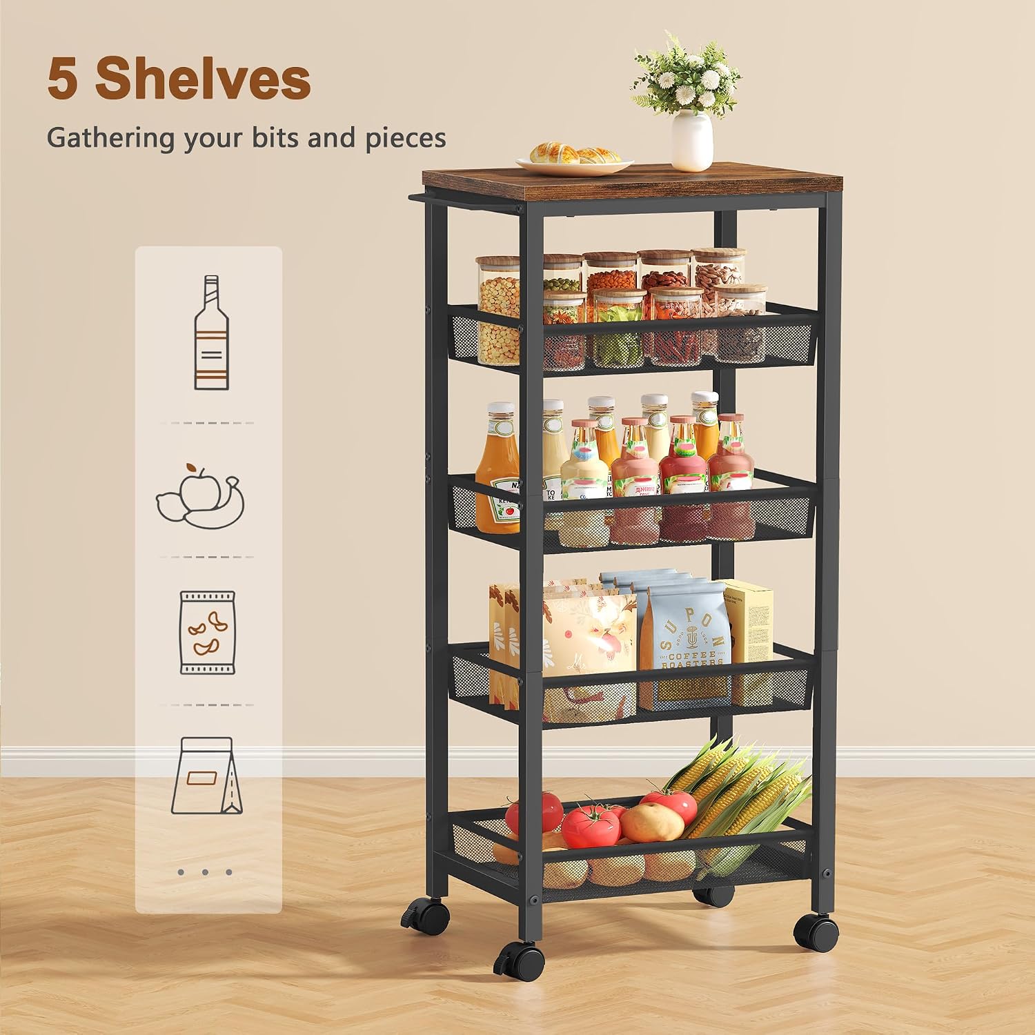 Hoctieon Rolling Storage Cart, 5-Tier 11.8" Wide Panel Kitchen Storage Cart, Utility Carts with Handle & Wheels, Mobile Shelving Unit, Metal Frame Narrow Carts for Home Kitchen, Laundry, Rustic Brown
