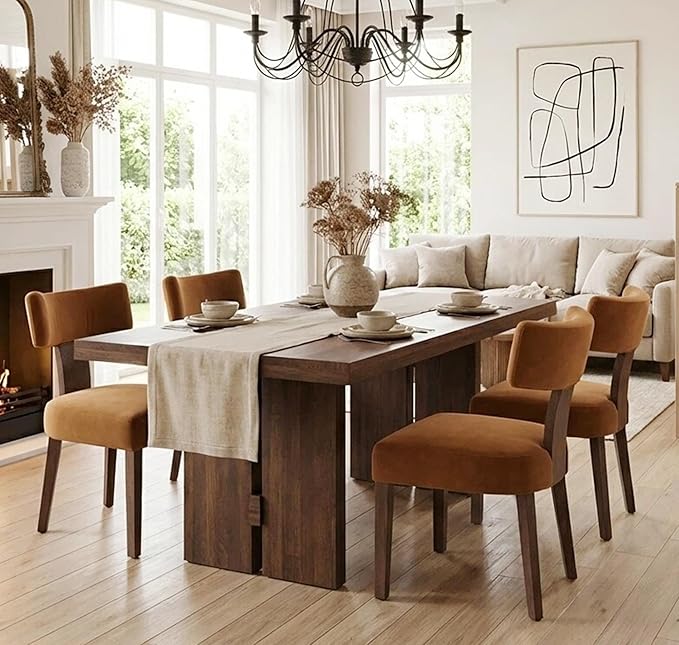 Mid Century Modern Dining Chairs Set of 4, Upholstered Wooden Dining Room Chairs, Farmhouse Kitchen Chairs, Accent Armless Side Chairs with Curved Back for Living Room, Brown Velvet, 4PCS