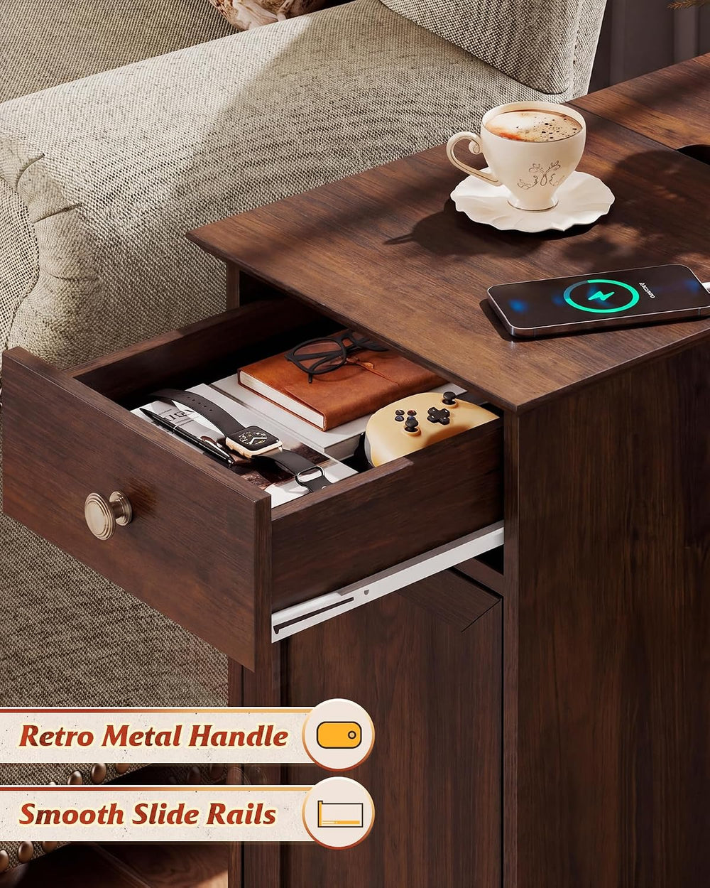 WLIVE End Table with Charging Station, Narrow Sied Table with Drawer & Ca...