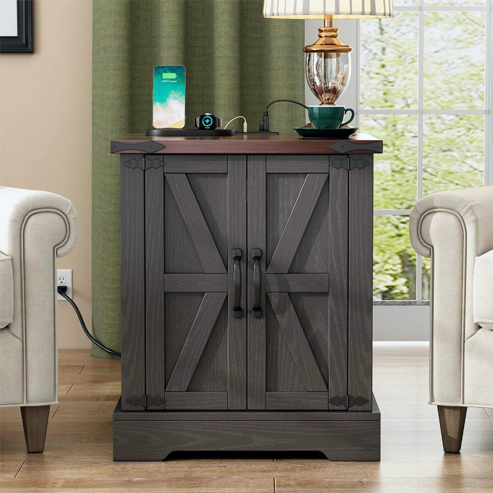 Merax Farmhouse End Table with Charging Station, Rustic Wood Nightstand with ...