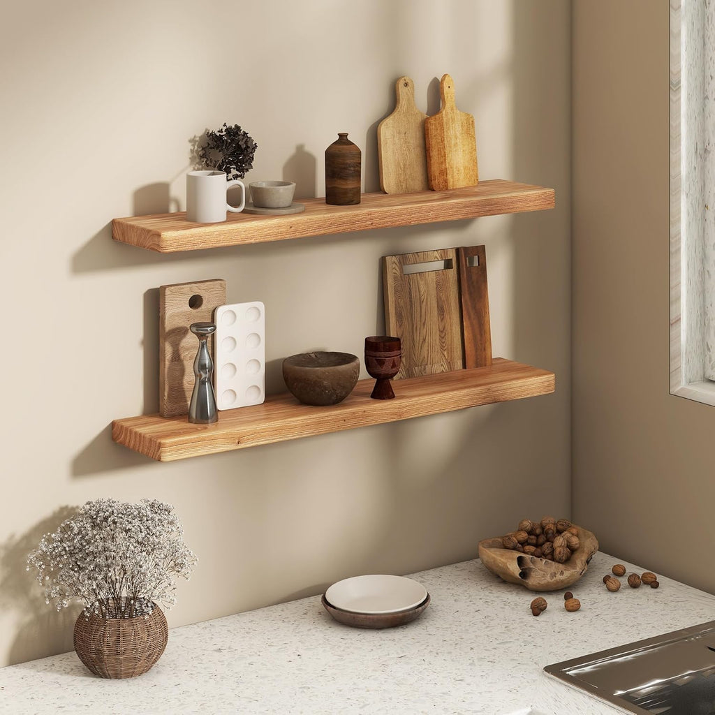 Fun Memories 36 Inch Floating Shelves for Wall, Solid Elm Wood Wall Shelf for Home Decor, Heavy-Duty Hardwood Floating Shelf for Bedroom, Bathroom, Living Room, Set of 2