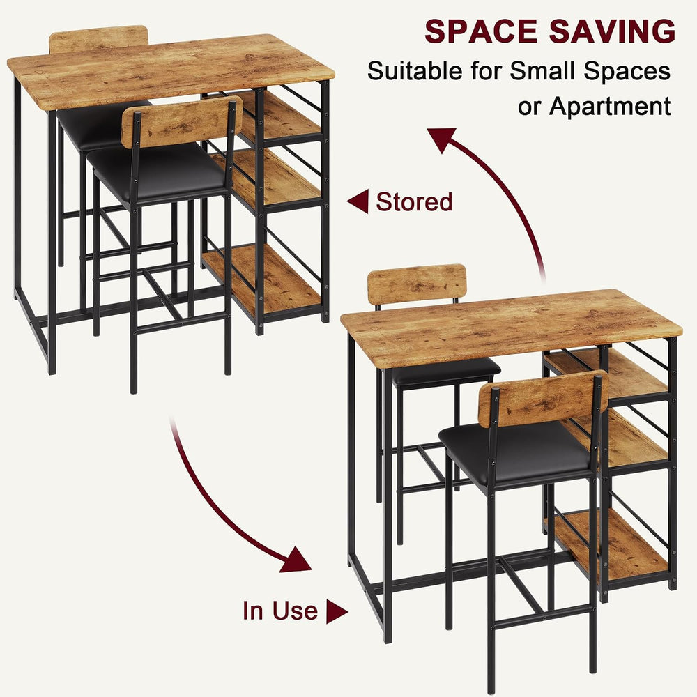Bar Table and Chair Set with 3 Shelves, 2 Upholstered Stools, Vintage | Small...