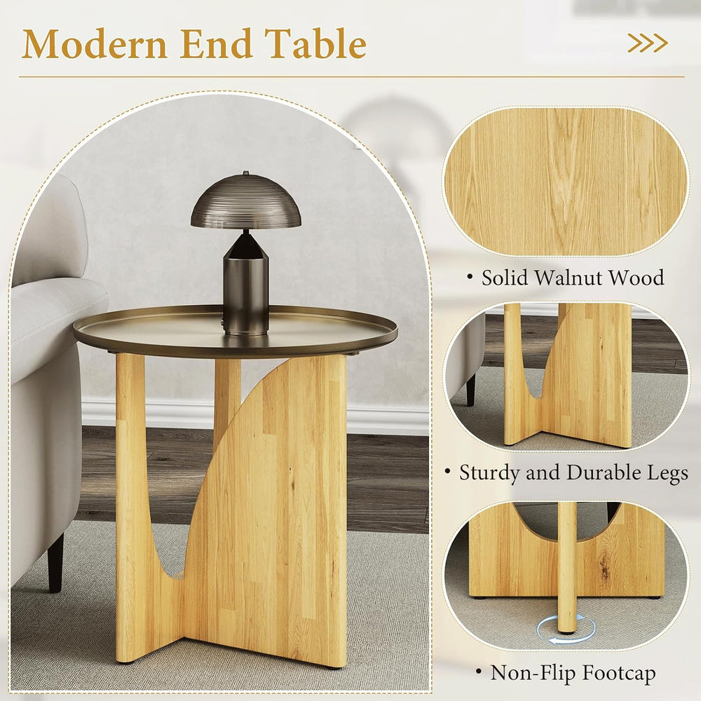 Asday Farmhouse End Table, Wood Side Table with Metal Tray Top, Geometric Bas...