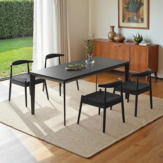 Farini Mid Century Modern Dining Chairs Set of 4, Solid Wood Frame Kitchen Chairs with Woven Upholstered Seat for Dining Room & Breakfast Nook,Black-Black