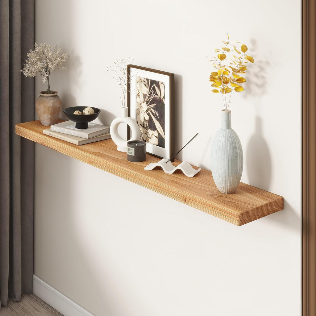 Fun Memories 55 Inch Wood Floating Shelves, Natural Elm Wood Floating Shelf for Wall, 8 Inch Deep Wall Shelves for Home Storage & Display, Deep Rustic Wooden Shelves for Living Room, Bedroom, Kitchen