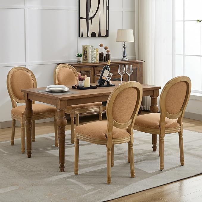 French Country Dining Chairs Set of 6, Caramel Kitchen & Dining Room Chairs Set of 6, Linen Upholstered Dining Chairs, Wood Legs, Sillas De Comedor (Fabric, Amber, 6Pcs)