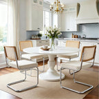 Zesthouse Rattan Dining Chairs Set of 4, White Cesca Chairs with Natural Cane Mesh & Stainless Chrome Base, Mid Century Modern Dining Room Chair, Upholstered Linen Kitchen Chair with Solid Wood Back