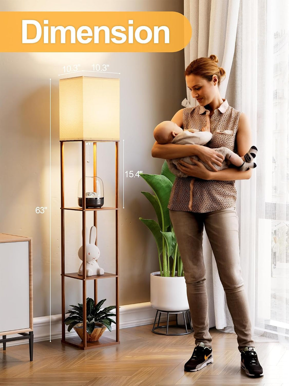 Floor Lamp with Shelves for Living Room Walnut Brown, Shelf Floor Lamp with 3...