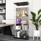Beauty4U Glass Display Cabinet with Mirror Back Panel, 5 Shelves with 2 Doors, Curio Cabinets for Living Room, Bedroom, Office, Black Floor Standing Glass Bookshelf, Quick Installation
