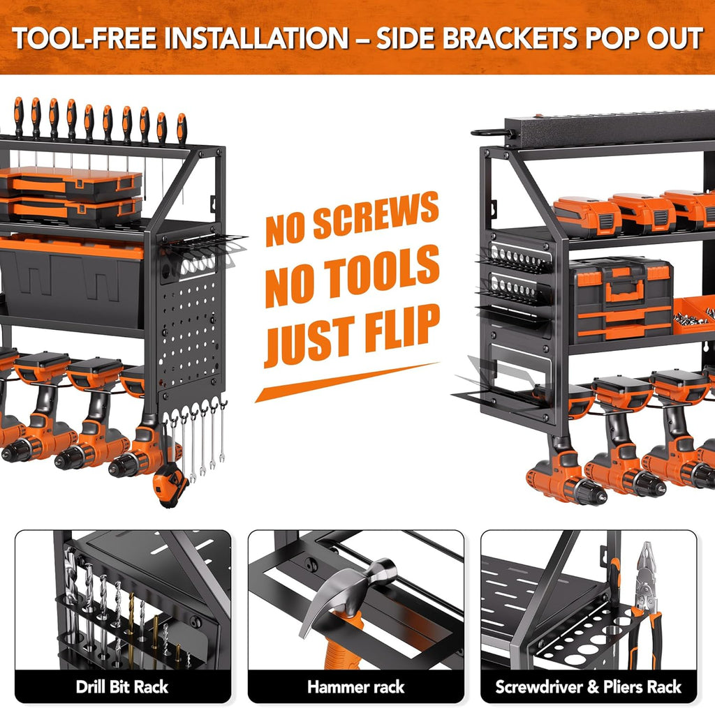 Extra Large Power Tool Organizer Wall Mount with Charging Station, 12 Drill Holders Heavy Duty with 8-Outlet Power Strip, Garage Cordless Drill Storage and Organization, Battery Utility Rack