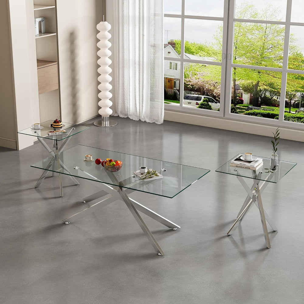 IANIYA Coffee Table Set of 3, Glass Living Room Table Set, 47.2'' Sil...