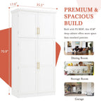 SOFTSEA Tall Kitchen Pantry Cabinet for Dining Room, Kitchen Hutch with 8 Pull-Out Trays, Freestanding Storage Cabinet with Adjustable Shelves and 2 Door Shelves, 35.5x17.6x70.9 Inch, White