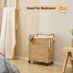 Rolling Laundry Hamper with Lid and Wheels, Slim Laundry Basket with Removable Liner Bag & 2 Mesh Bags, Handwoven Water Hyacinth Clothes Hamper for Bedroom Bathroom (Natural, 65L)