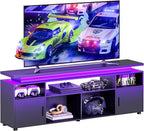SUNCOZE TV Stand, Entertainment Center with LED Lights and Cabinet for 70/75/80 Inch TV, Modern TV Console Gaming Media Television Stands with Power Outlets for PS5 in Living Room and Bedroom, Black