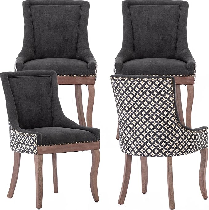Dining Chairs Set of 4, Kitchen & Dining Room Chairs, Fabric Upholstered Dinning Chairs, Sillas De Comedor, Nailhead Trim, Wood Legs (Black, Pattern, 4 Pcs)